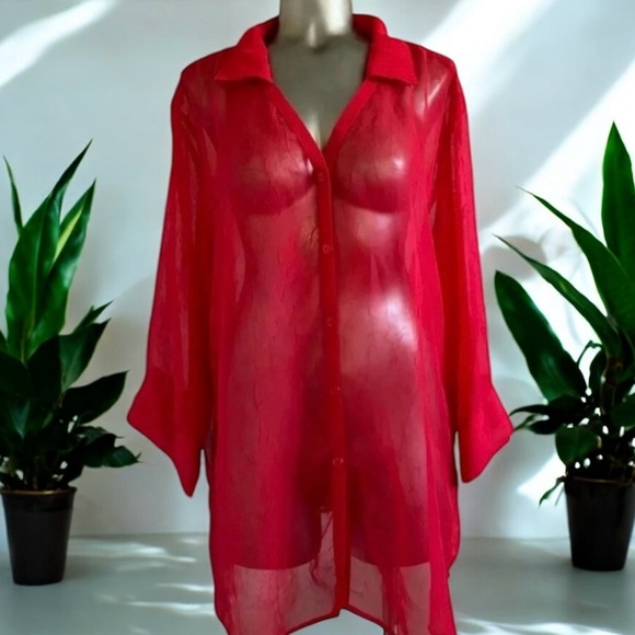 ✅➕size Red Sheer Button Down  Blouse - Picture 1 of 15
